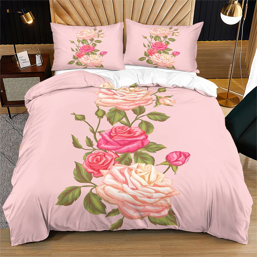 Aesthetic Floral Duvet Cover - Weiches Rosa Rosenmuster Bettbezug-Set, Bettdeckenbezug, Bettwäsche-Set