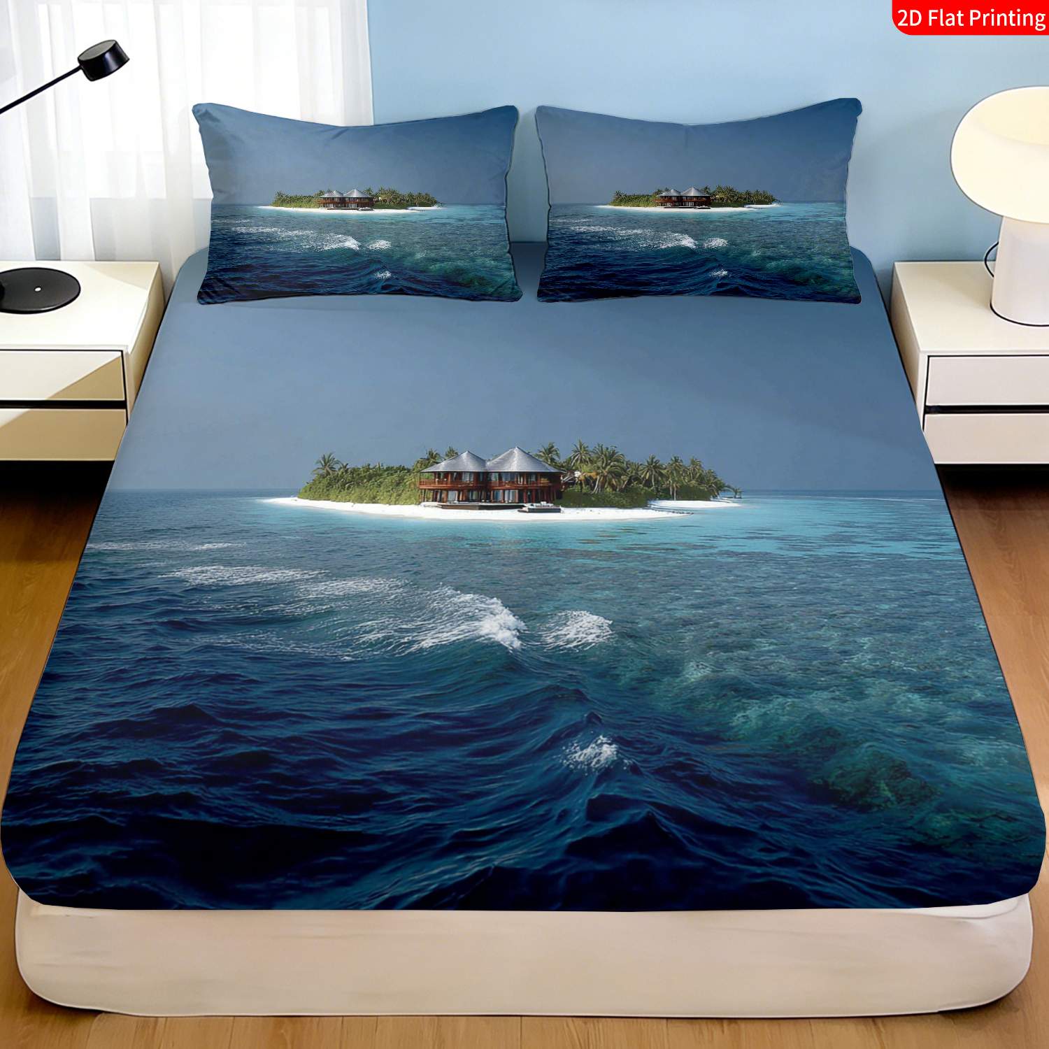 Fitted Bed Sheets Deep Pocket - Tropisches Insel-Bettwäsche-Set mit Palmen- und Wasserhütten-Print,