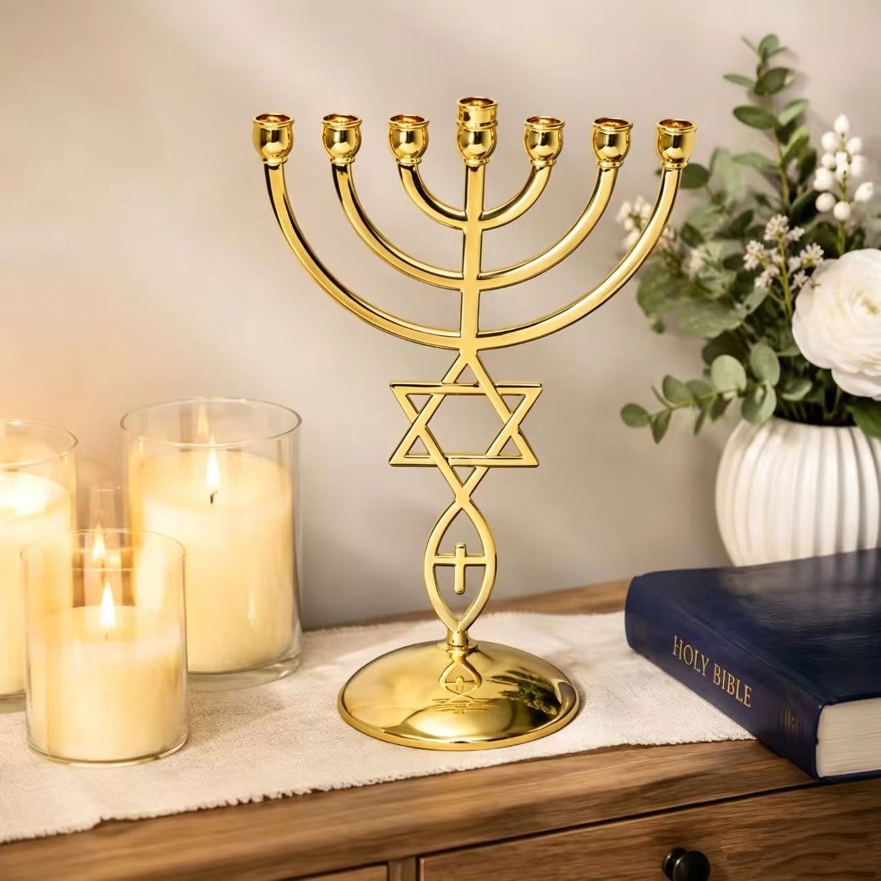 Home Decor - Chanukka Siebenkopf-Kerzenhalter-Set, Davidsstern, Jüdischer Kerzenständer, Heimdekoration,