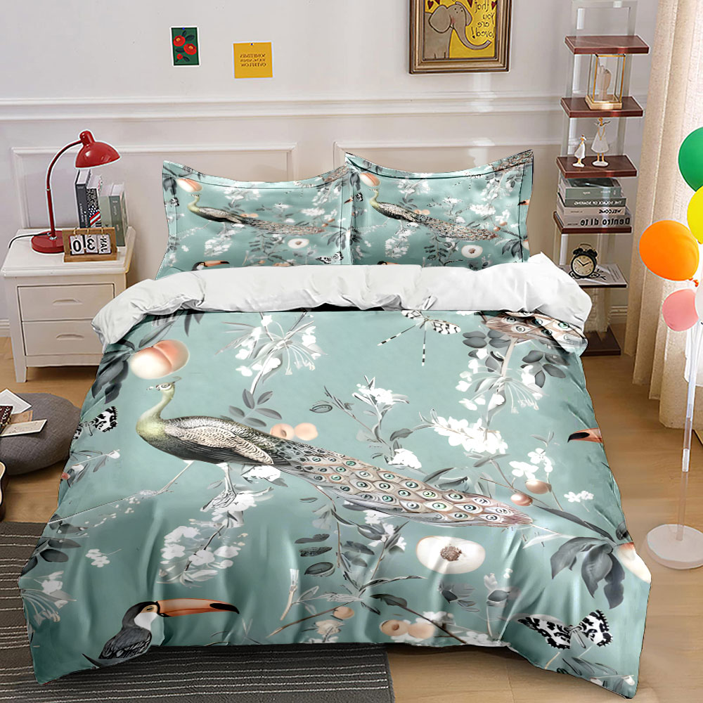Aesthetic Floral Duvet Cover - 3-teiliges Bettwäsche-Set mit Pfauen- und Tukan-Blumenmuster,