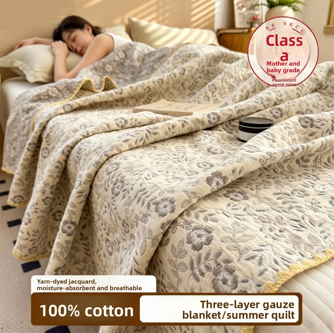 Muslin Cotton Bedspread - 100% Baumwoll-Musselin-Decke, Atmungsaktive 3-Lagige Gaze-Sommerdecke, Weiche