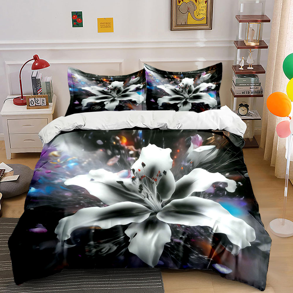 Aesthetic Floral Duvet Cover - Abstraktes Bettwäsche-Set mit weißen Lilien, 3-teilig,