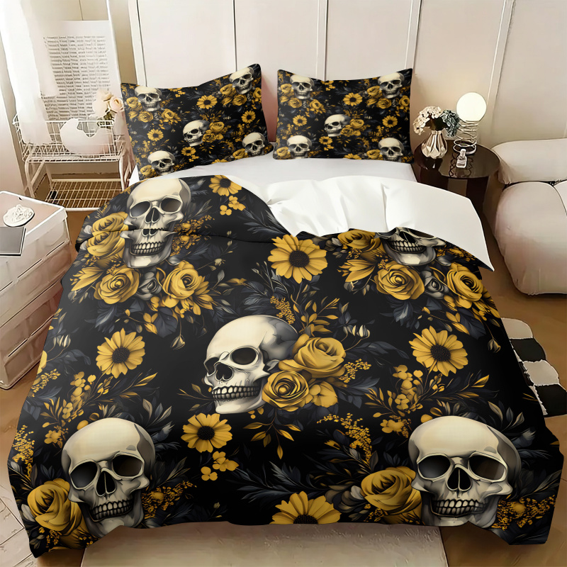 Aesthetic Floral Duvet Cover - Dunkle Ästhetik Totenkopf Gelb Blumenmuster Bettbezug-Set