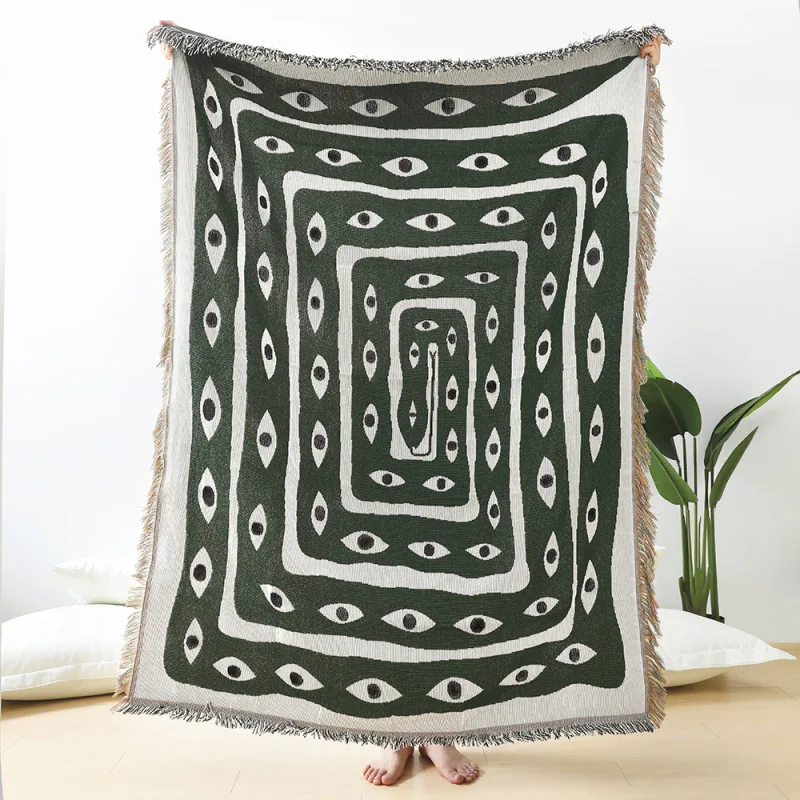 Boho Throw Blanket Fringe - Grün-weiße Jacquard-Decke mit bösem Blick, abstrakter